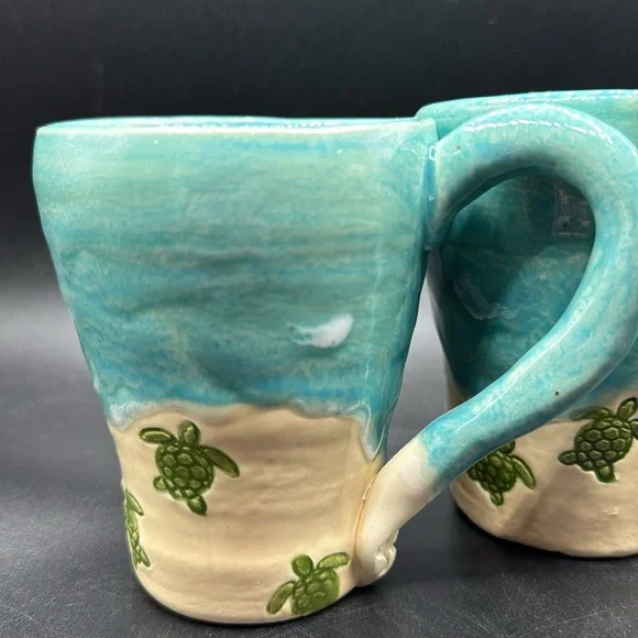 Handmade Potteryy Beach Turtle Mug Set